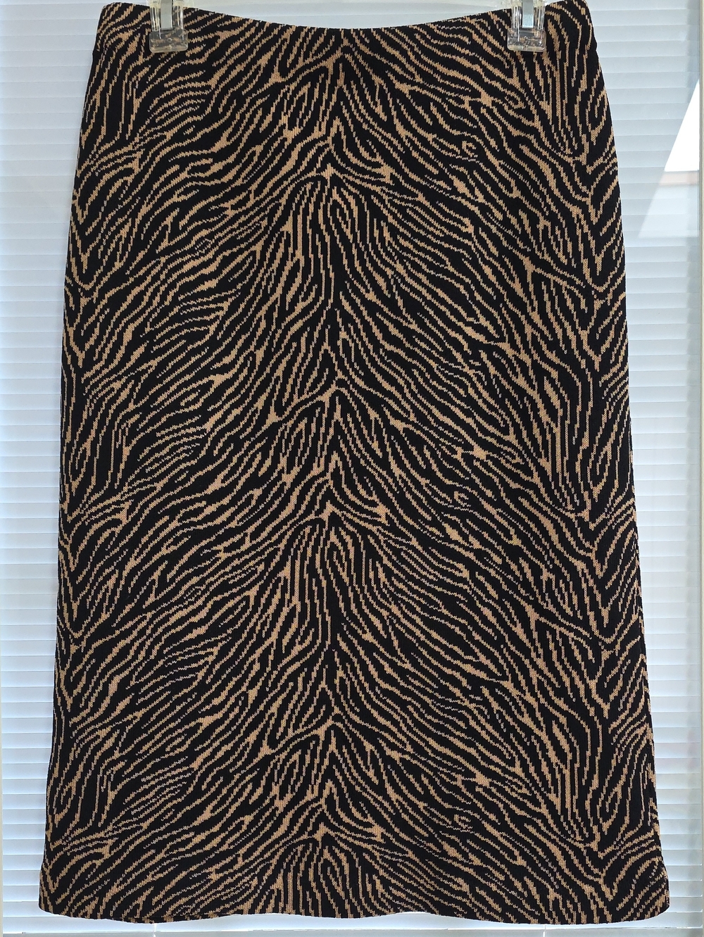 Essentials Black and Tan Zebra-Print Midi Knit Skirt